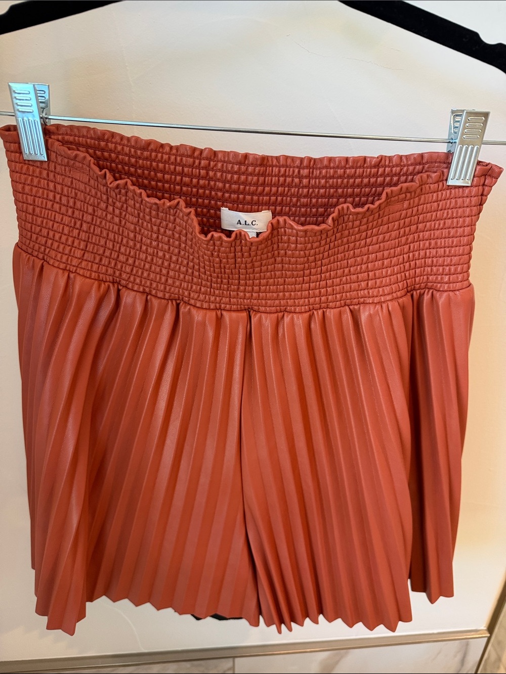 A.L.C. Smocked Leather Pleated Skirt in Rust Orange